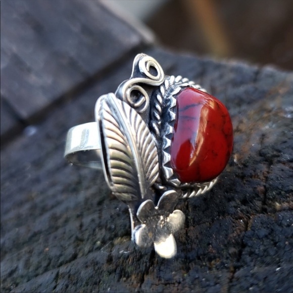 Adjustable red coral Navajo sterling ring